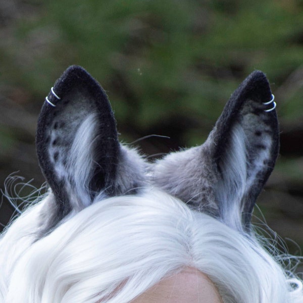 Realistic Speckled Gray Bunny Ears - Faux Fur Rabbit, Faun, Deer, Satyr, Cow Animal Ears for Costume, Cosplay. Kemonomimi