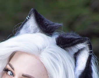 Realistic Black and White Cat Ears - Faux Fur Animal Ears, Kitten Ears, Wolf Ears, Fox Ears for Costume, Cosplay, Nekomimi, Kemonomimi