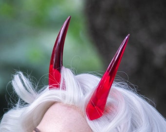 Cuernos Oni fundidos de resina roja transparente - Demonio / Diablo / Dragón / Cuernos de Monstruo para Disfraces, Cosplay, Halloween, Ren Faire