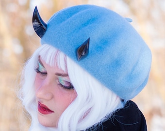 Pastel Blue Beret with Oni Horns - Alternative Fashion