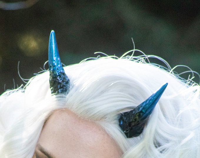 Metallic Blue Tipped Black Resin Cast Dragon Horns - Monster Horns, Demon Horns, Devil Horns for Costume, Cosplay, Halloween, Alt Fashion,