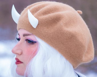 Brown Beret with White Oni Horns: Alternative Fashion Hat