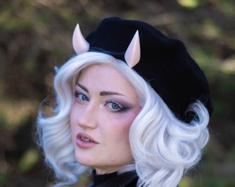 Black Beret with Small Oni Horns - Light Pink - Alternative Fashion Hat with Horns