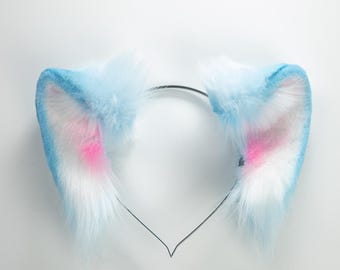 Orecchie da gatto realistiche in pelliccia sintetica – Orecchie da animale snodabili per cosplay e costumi - Blu pastello