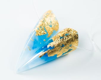 Blue Iridescent with Gold Flake Resin Small Oni Horns - Costume Cosplay Accessory