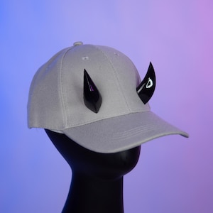 Gray Baseball hat with Small Oni Horns - Black Horns - Alternative Fashion Hat with Horns