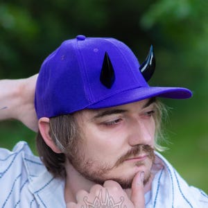 Purple Baseball hat with Small Oni Horns - Black Horns - Alternative Fashion Hat with Horns