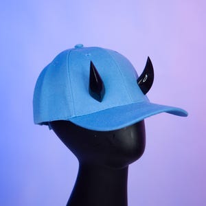 Light Blue Baseball hat with Small Oni Horns - Black Horns - Alternative Fashion Hat with Horns