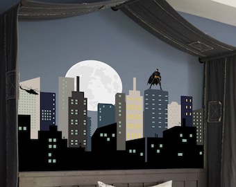 Super Wall Decal, City Skyline Fabric Decal with Big Moon, Hero Wall Decal Buildings with Bat Wall Mural, Peel and Stick, Repositionable