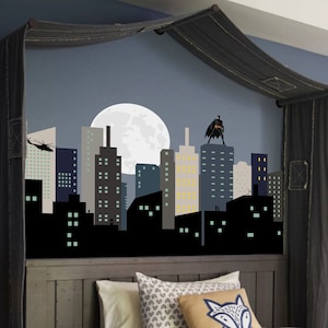 Super Wall Decal, City Skyline Fabric Decal with Big Moon, Hero Wall Decal Buildings with Bat Wall Mural, Peel and Stick, Repositionable