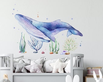 Humpback Whale Wall Decal, Ocean Sealife Fabric Nursery Wall Sticker, Peel and Stick Fabric Decal, Sea Animal Decal, Baby Room Wall Decor