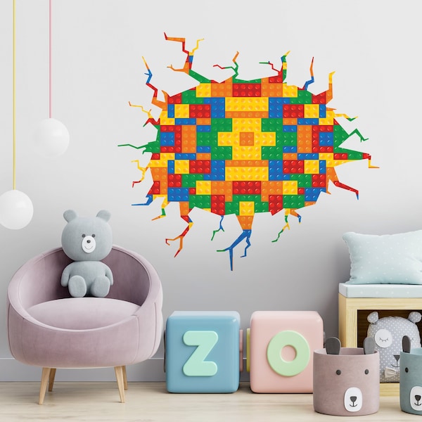 Calcomanía de pared con bloques de construcción, mural de tela, grieta en la pared, patrón de ladrillos de colores, extraíble, despegar y pegar, calcomanía para habitación de niños A232