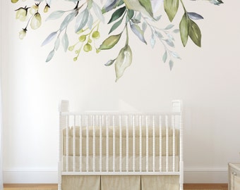 Shaded Leaves Watercolor Decal, Leaves Watercolor Mural, Nursery wall Decal, Peel Stick, Reusable, Leaves Vine Fabric Decal, Floral Garden