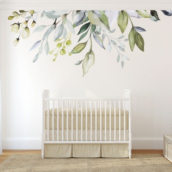Shaded Leaves Watercolor Decal, Leaves Watercolor Mural, Nursery wall Decal, Peel Stick, Reusable, Leaves Vine Fabric Decal, Floral Garden