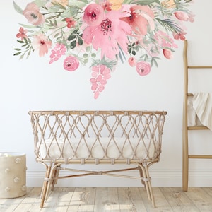 Floral Wall Decal, Blooming Spring Flower decal, Blush Pink Wildflower Nursery wall Decal, Fabric Decal, Peel Stick, Plastic Free Decal