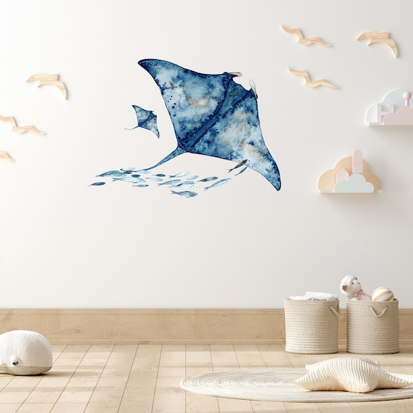 Watercolor Manta Ray Wall Decal, Ocean Sealife Fabric Wall Sticker,  Peel and Stick Fabric, Nursery Wall Sticker, Ocean Wall Decal