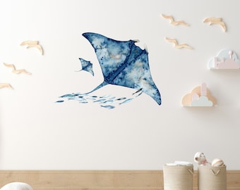 Watercolor Manta Ray Wall Decal, Ocean Sealife Fabric Wall Sticker,  Peel and Stick Fabric, Nursery Wall Sticker, Ocean Wall Decal