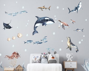 Sea Life Watercolor Wall Decal, Shark and  Orca Whale Decal, Peel and Stick Decal, Kids Room Wall Decor, Nursery Wall Sticker, Ocean Decal