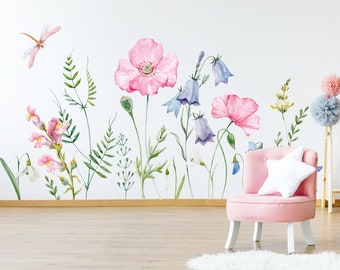 Watercolor Flower Wall Decals with stems, Peel and Stick Wall Decals, Flower Wall Decals, Baby Room Wall Decor, Nursery Wall Decal