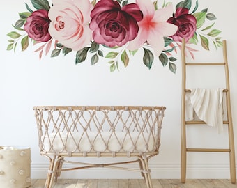 Garden Floral Watercolor Wall Decal Rose Mural for Nursery, Fabric Peel and Stick Pink Peony Border Decal Removable