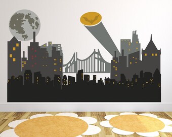 Heros City Wall Decal with Moon, Buildings with Bridge Nightlife Dark City Sticker, Peel N Stick, Super Decal, Bat, Repositionable