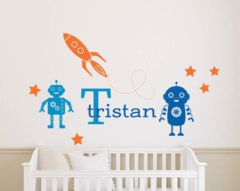 Kids Robots wall decal, rocket wall sticker, Stars, Personalized name wall decal, vinyl wall decal Sticker for kids room