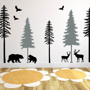 Pine Tree Wall Decal, Jungle Wall Decor, Forest Trees Decal,  Moose, Birds Wall Decal, Nursery Wall Stickers, Nature Wall Art