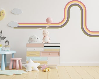 Retro Stripe Rainbow Wall Decal, Nursery Room Wall Decor, Retro Stripes Mural, Modern Rainbow Removable Sticker,  Kids Room Vintage Decor