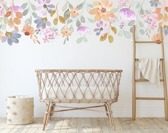 Wild Flower watercolor decal, Watercolor rose Mural, Floral Nursery wall Decal, Fabric Peel Stick, Lilac Peony, Pink Peony Border Decal