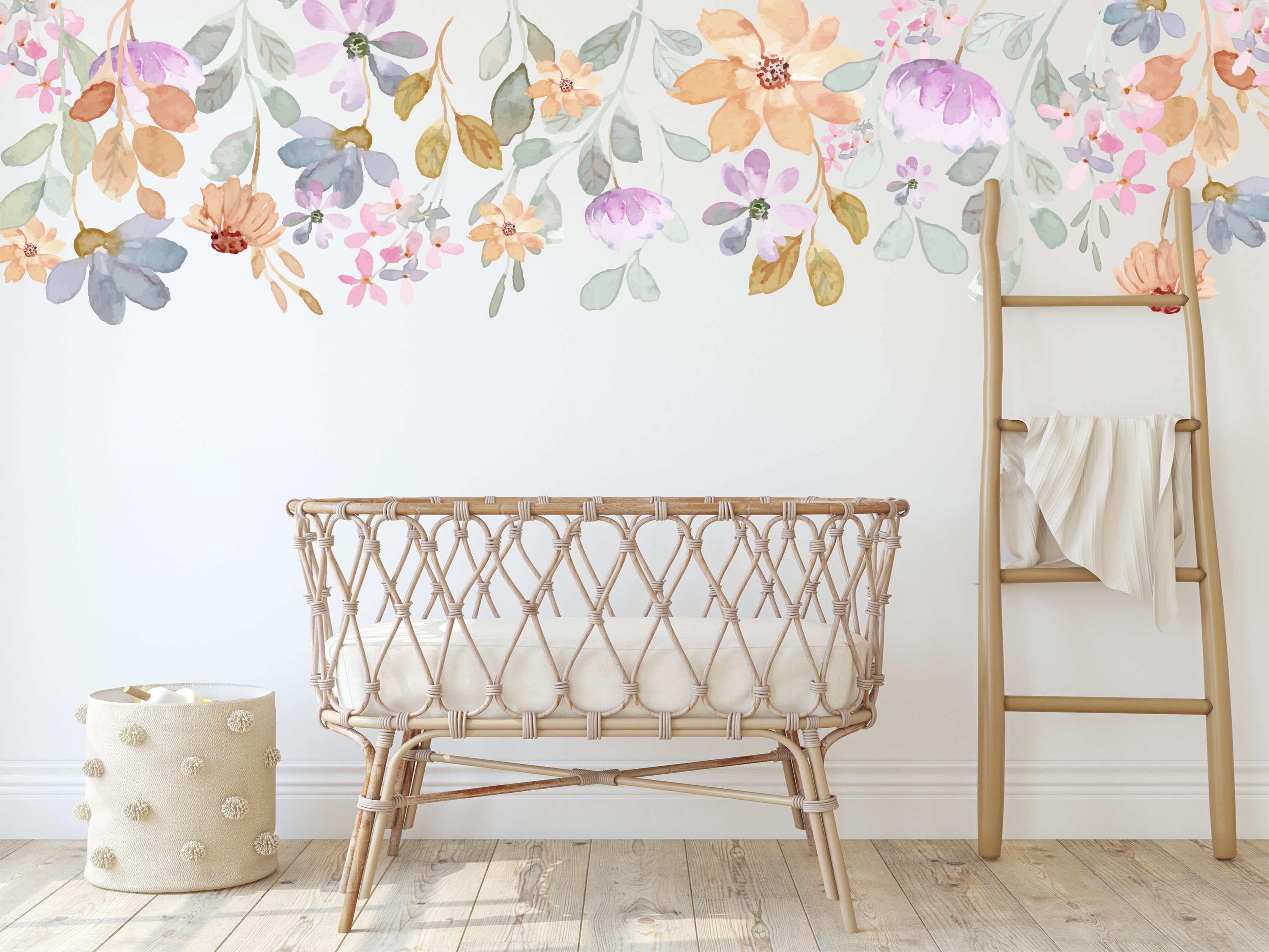 Wild Flower Watercolor Decal, Watercolor Rose Mural, Floral Nursery ...