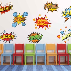 Super hero Comic Book Words Pow, Zap, Boom, Smash, Peel and Stick Comic Wall Stickers, Comic Book Wall Decals, Boys Repositionable