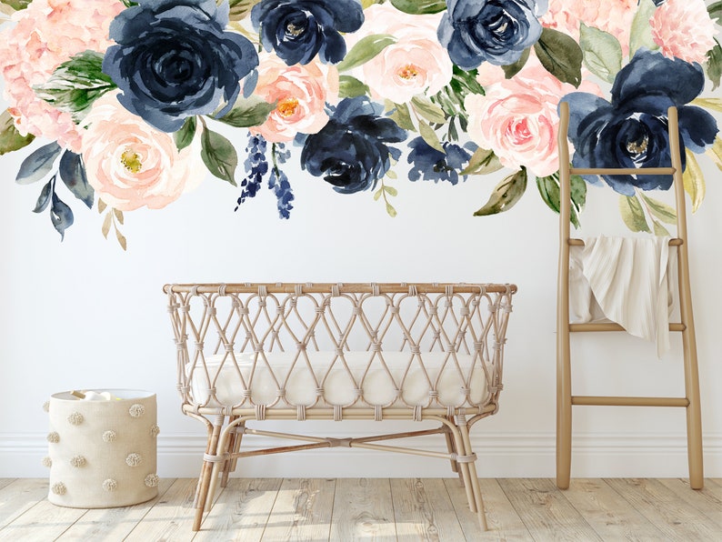 Blush Pink and Navy Flower Watercolor Decal, Rose Floral Nursery Wall ...