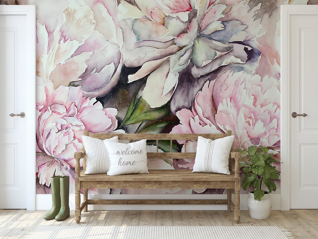Pink Peony Watercolor Wallpaper Peel and Stick Fabric, Botanical ...