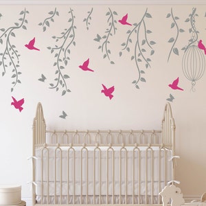 Hanging Vines and Leaves Wall Decal, Nursery Wall Decal, Birdcage, Birds, Butterflies Wall Decal, Baby Girls Room, Home Decor Branches