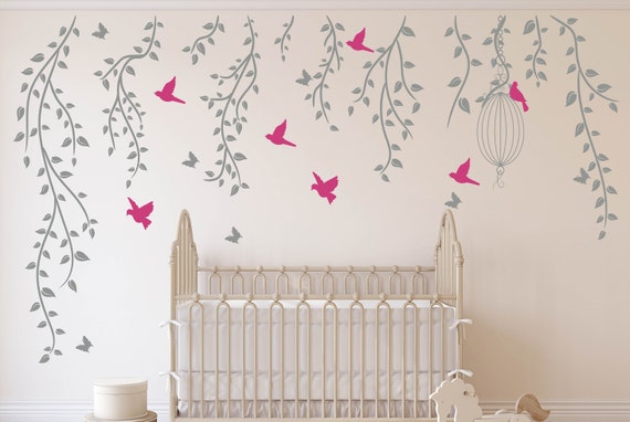 Vine Wall Decal Hanging Vines Wall Decal Nursery Wall Decal Birdcage Birds Butterflies Wall Decal Baby Girls Room Home Decor Branches