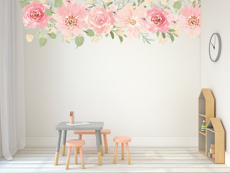 Pink Rose Watercolor Decal, Watercolor Rose Mural, Floral Nursery Wall ...