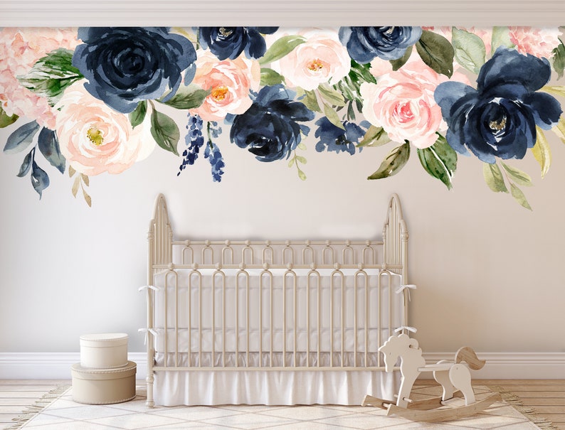 Blush Pink and Navy Flower Watercolor Decal, Rose Floral Nursery Wall ...