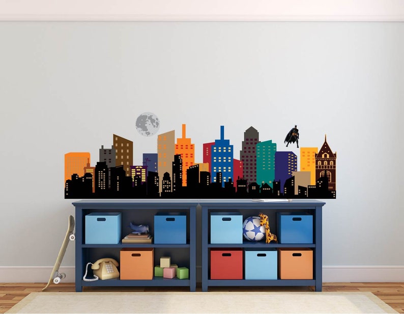 City Skyline With Super Hero Fabric Wall Decal With Moon Busy Etsy
