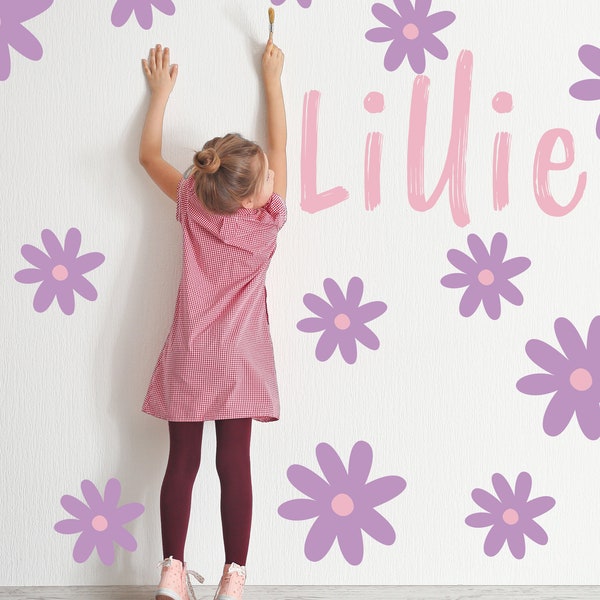 Personalized Daisy Flowers Wall Decals, Boho Nursery Decor, Kids Room Wall Art, Daisy Flower Wall Stickers, Custome Name Sticker