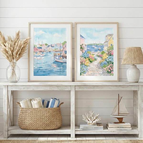 Conjunto de 2 impresiones de acuarela de pueblos costeros, impresiones de pared florales náuticas, pintura de acuarela, impresiones de Cape Cod, impresiones de acuarela de Nantucket