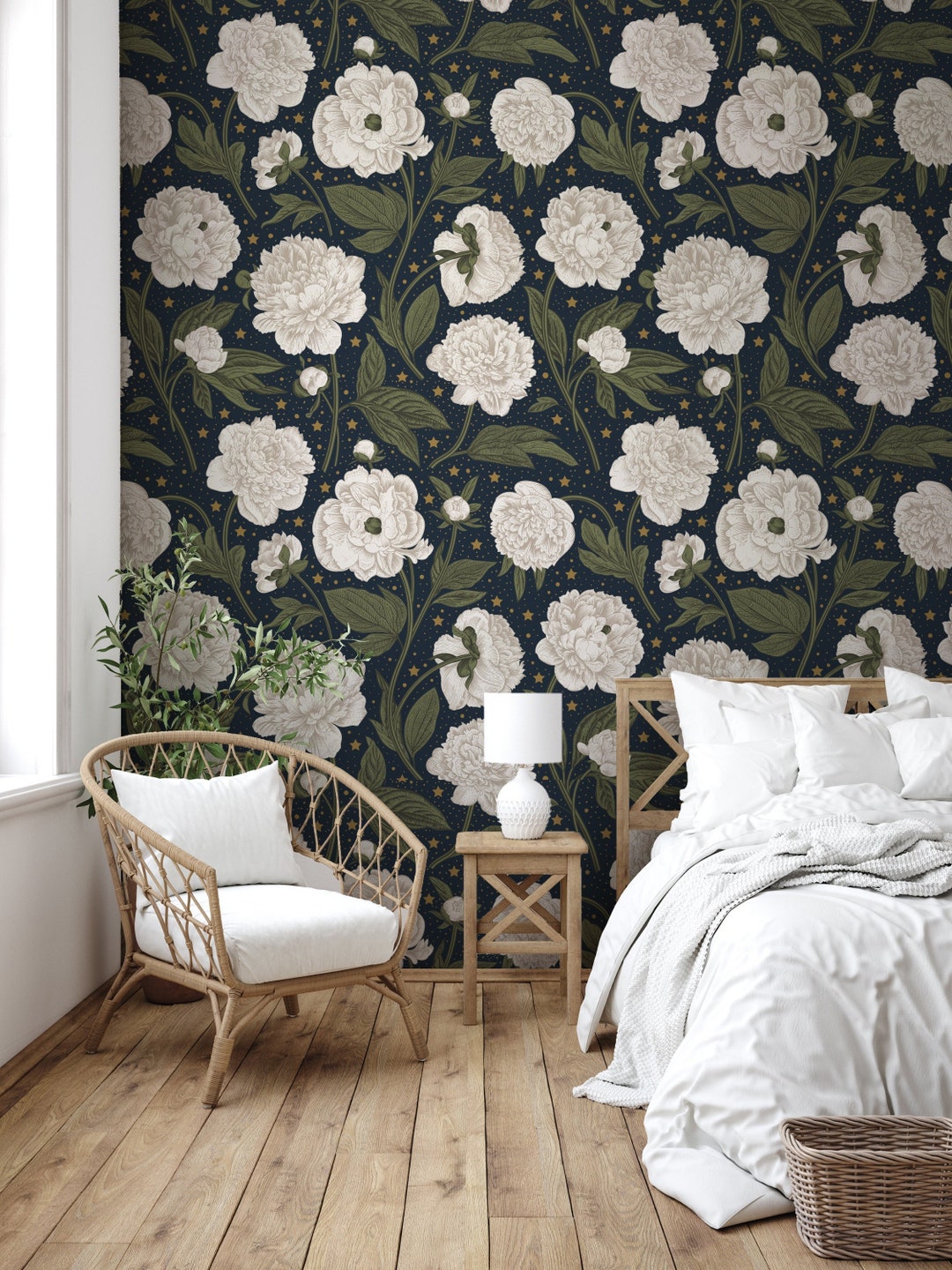 Peony Floral Wallpaper Peel and Stick Fabric Nursery Room - Etsy