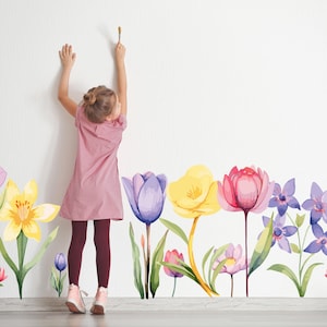 12 Large Flower Stem Wall Decals, Colorful Watercolor Floral Mural, Big Flower Wall Stickers, Peel, and Stick Floral Nursery Wall Decal