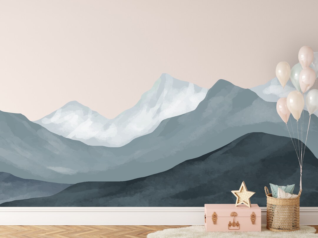 Watercolor Mountain Wall Decal, Wave Wall Mural, Peel and Stick Fabric ...