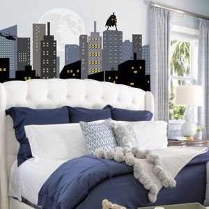 Super Wall City Fabric Decal Skyline Bat City Wall Decal with Moon, Hero Mural with Bat, Buildings Sticker, Peel N Stick, Repositionable