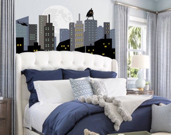 Super Wall City Fabric Decal Skyline Bat City Wall Decal with Moon, Hero Mural with Bat, Buildings Sticker, Peel N Stick, Repositionable
