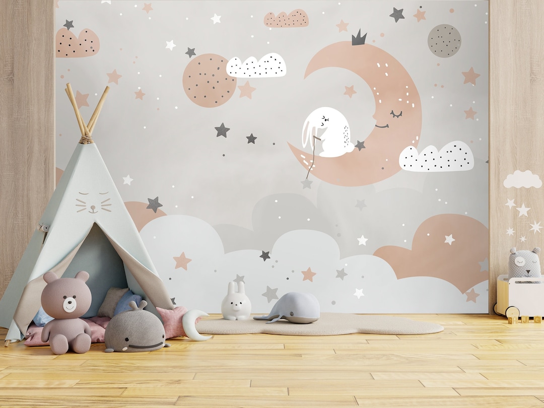 Moon and Clouds Wallpaper Peel and Stick Fabric Nursery - Etsy