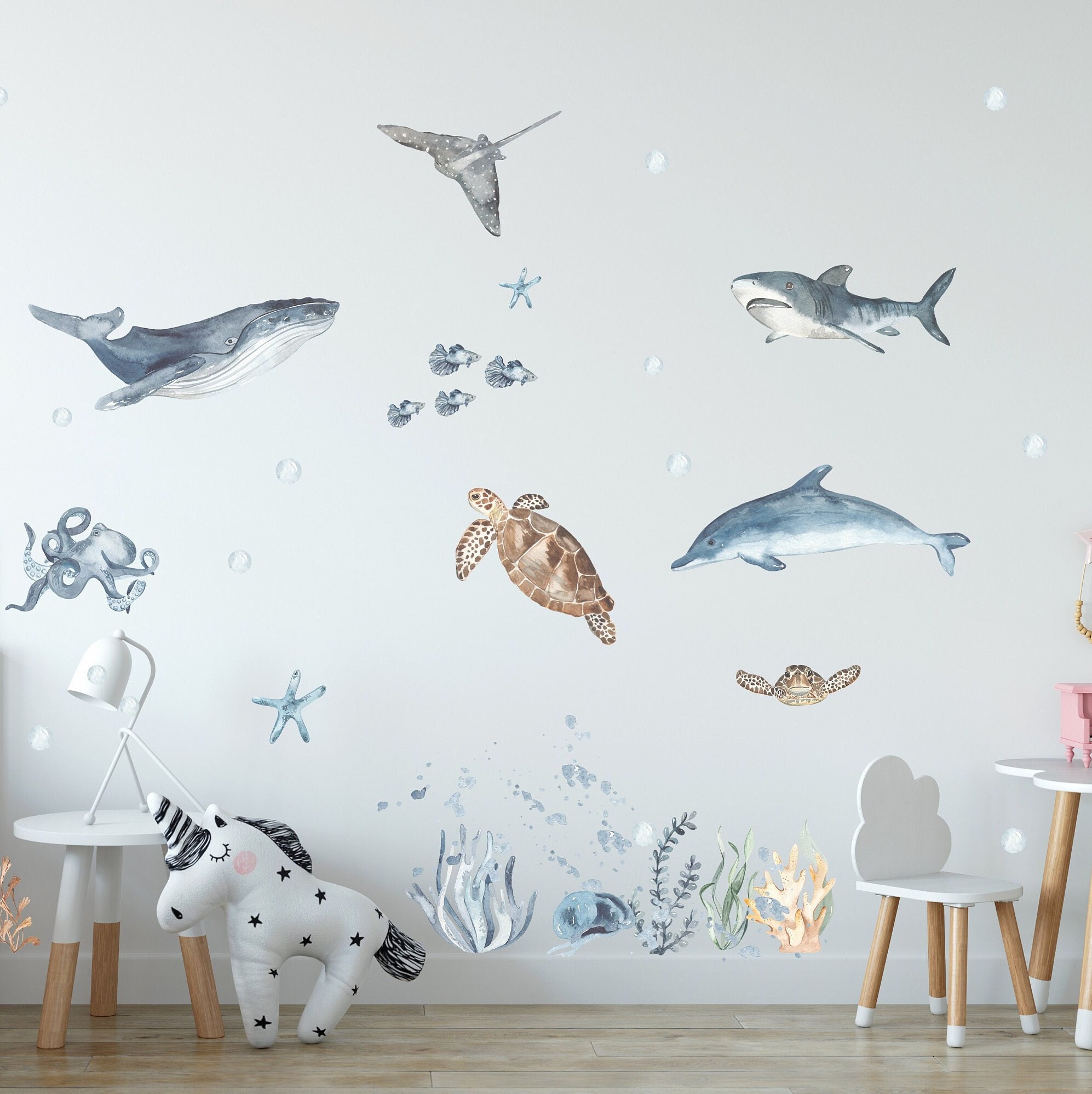 福袋 バースデイ Watercolor Life Sea Wall Decal Whale and Dolphin Decal, WallStickers&Murals