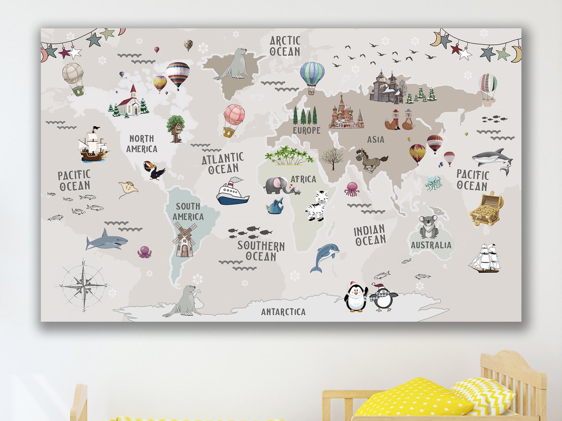 Nursery World Map Canvas Kids World Map Large World Map Etsy