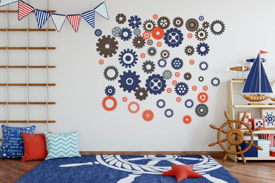 Robot Gear Wall Decal, Cogs Wall Decal, Vinyl Wall Sticker, Boys Wall ...