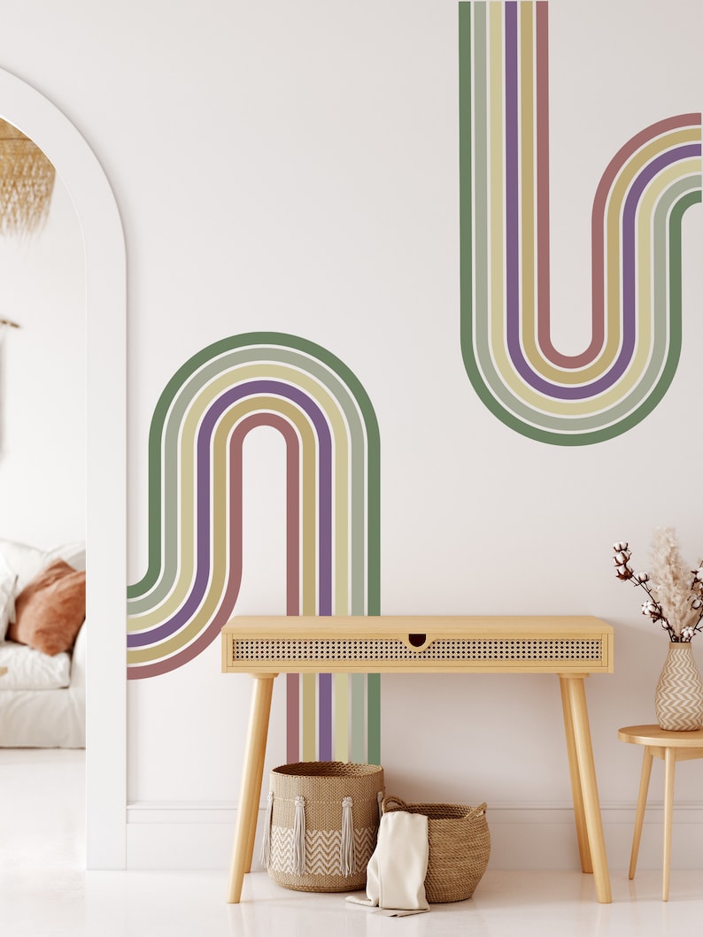 Rainbow Stripe Wall Decal, Nursery room Wall Decal, Playroom Modern Rainbow Removable Sticker, Kids Room Vintage Decor, Retro Stripe Decal image 4